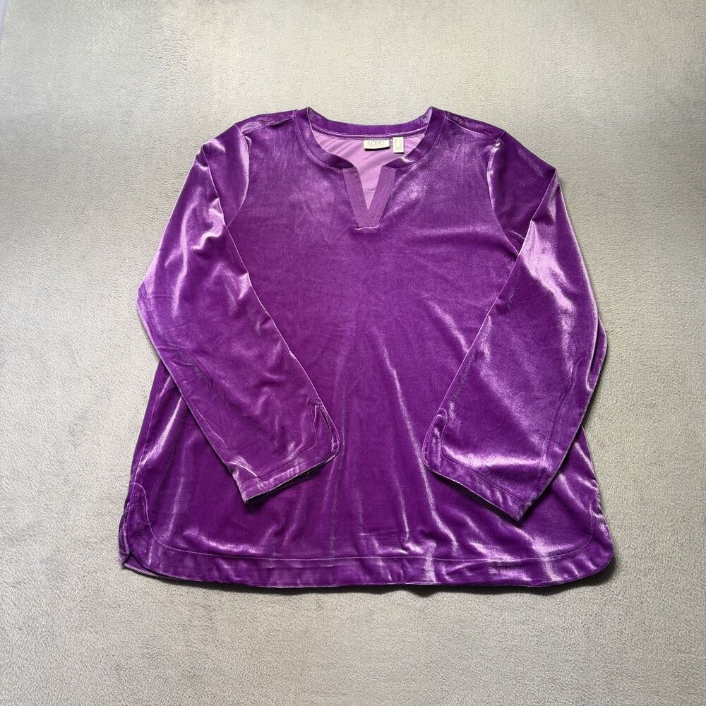 LOGO Lori Goldstein Women’s L Purple Velvet Velour Blouse Long Sleeve V Neck Top